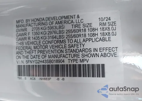 2025 Honda Pilot Ex-L z USA, uszkodzony, nr VIN 5FNYG2H43SB018904